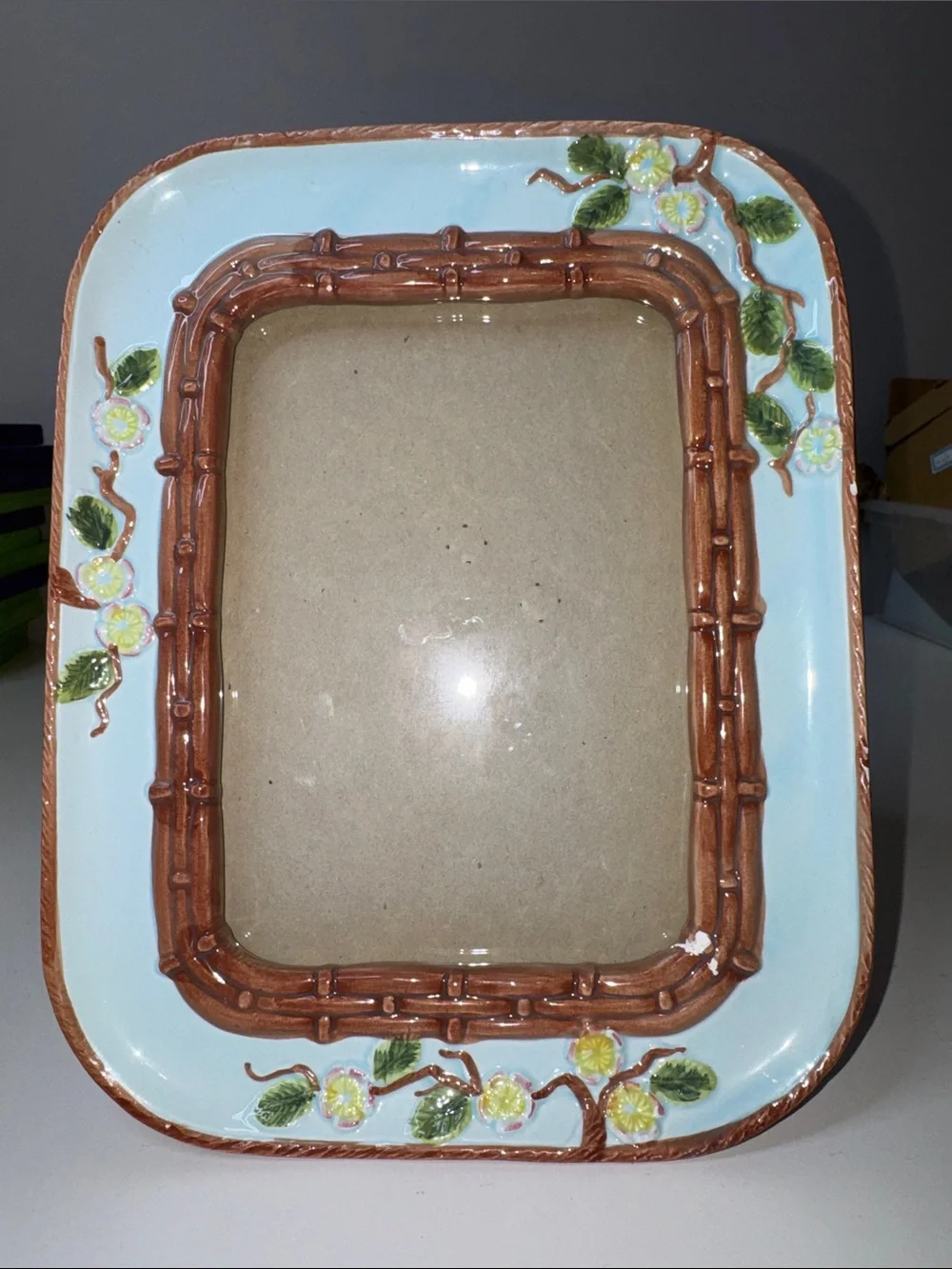 Vintage Terragrafics Ceramic Picture Frame Blue Bamboo Floral 1991 Korea